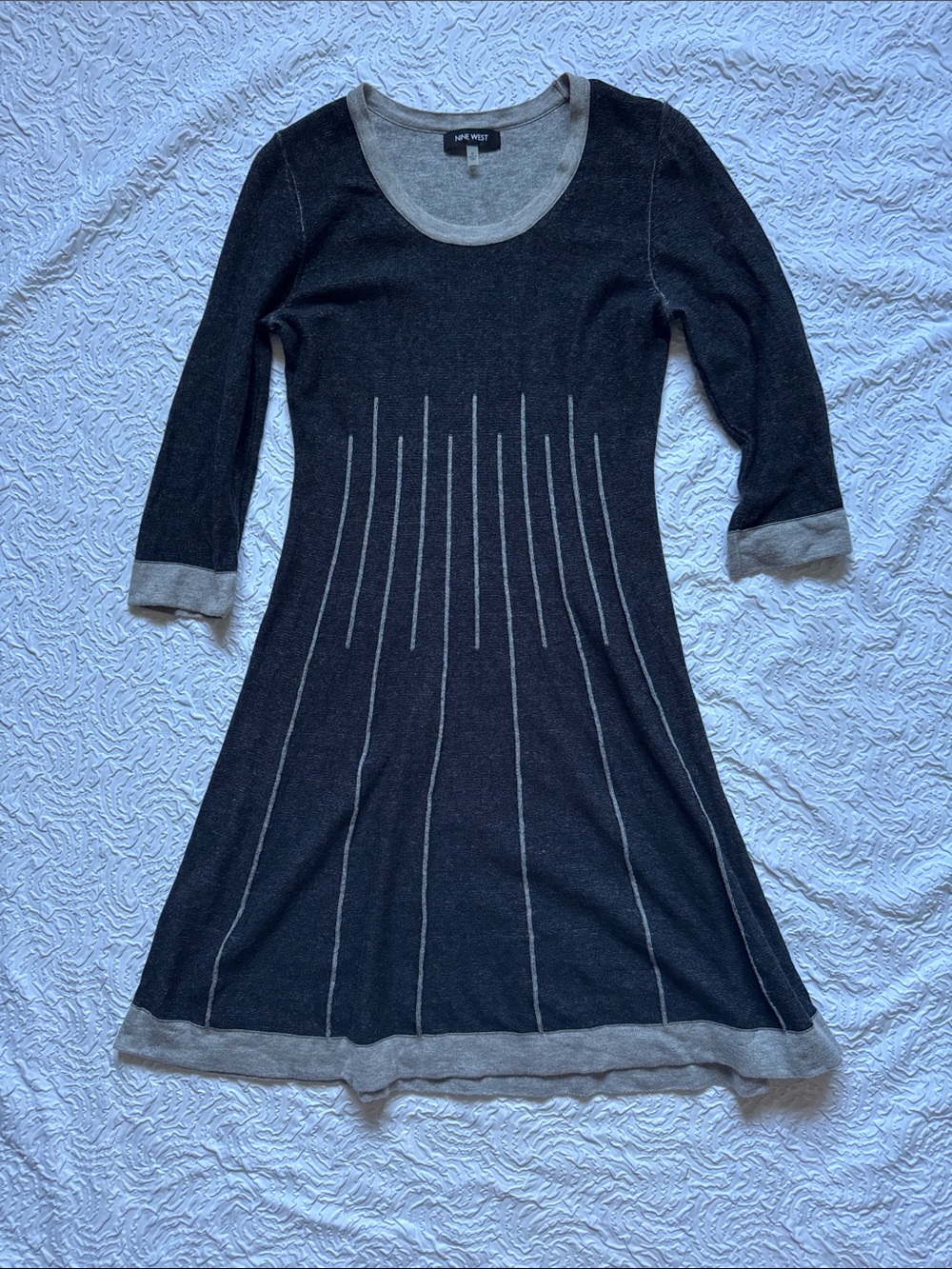 Nine West Black and Gray Knit Fit-and-Flare Scoop Dress